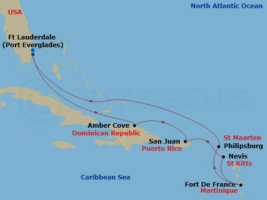 Route map: Ft. Lauderdale, Florida → Amber Cove, Dominican Republic → San Juan, Puerto Rico → St. Kitts → Martinique → St. Maarten → Ft. Lauderdale, Florida
