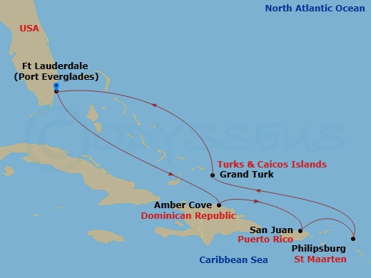 Route map: Ft. Lauderdale, Florida → Amber Cove, Dominican Republic → San Juan, Puerto Rico → St. Maarten → Grand Turk, Turks & Caicos → Ft. Lauderdale, Florida