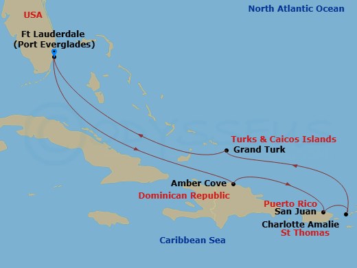 Route map: Ft. Lauderdale, Florida → Amber Cove, Dominican Republic → San Juan, Puerto Rico → St. Thomas, Virgin Islands → Grand Turk, Turks & Caicos → Ft. Lauderdale, Florida