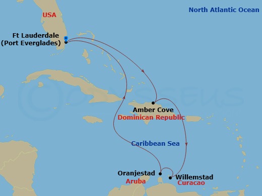 Route map: Ft. Lauderdale, Florida → Amber Cove, Dominican Republic → Curacao → Aruba → Ft. Lauderdale, Florida