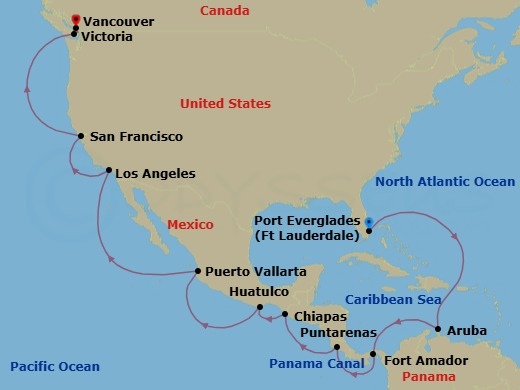 Route map: Ft. Lauderdale, Florida → Aruba → Panama Canal Full Transit Historic Locks → Fuerte Amador, Panama (for Panama City) → Puntarenas, Costa Rica → Puerto Chiapas, Mexico → Huatulco, Mexico → Puerto Vallarta, Mexico → Los Angeles, California → San Francisco, California