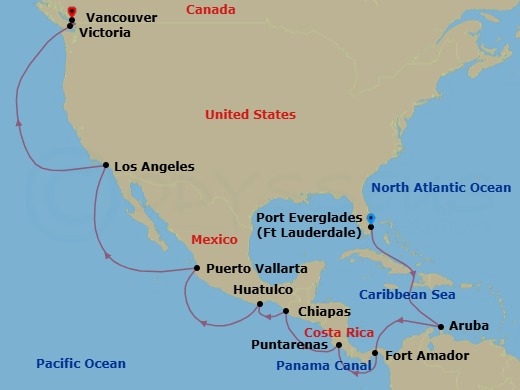 Route map: Ft. Lauderdale, Florida → Aruba → Panama Canal Full Transit New Locks → Fuerte Amador, Panama (for Panama City) → Puntarenas, Costa Rica → Puerto Chiapas, Mexico → Huatulco, Mexico → Puerto Vallarta, Mexico → Los Angeles, California → Victoria, Canada