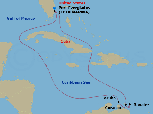 Route map: Ft. Lauderdale, Florida → Aruba → Bonaire, Caribbean Netherlands → Curacao → Ft. Lauderdale, Florida