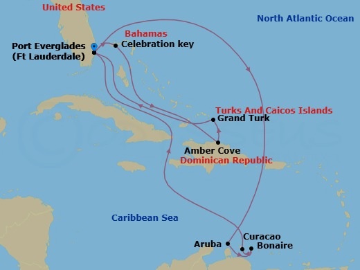Route map: Ft. Lauderdale, Florida → Aruba → Bonaire, Caribbean Netherlands → Curacao → Ft. Lauderdale, Florida → Celebration Key, Bahamas → Amber Cove, Dominican Republic → Grand Turk, Turks & Caicos → Ft. Lauderdale, Florida