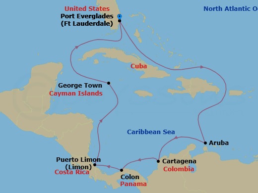 Route map: Ft. Lauderdale, Florida → Aruba → Cartagena, Colombia → Panama Canal Partial Transit New Locks → Colon, Panama → Limon, Costa Rica → Grand Cayman, Cayman Islands → Ft. Lauderdale, Florida