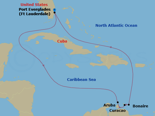 Route map: Ft. Lauderdale, Florida → Aruba → Curacao → Bonaire, Caribbean Netherlands → Ft. Lauderdale, Florida