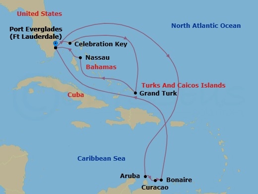 Route map: Ft. Lauderdale, Florida → Aruba → Curacao → Bonaire, Caribbean Netherlands → Ft. Lauderdale, Florida → Celebration Key, Bahamas → Grand Turk, Turks & Caicos → Nassau, Bahamas → Ft. Lauderdale, Florida