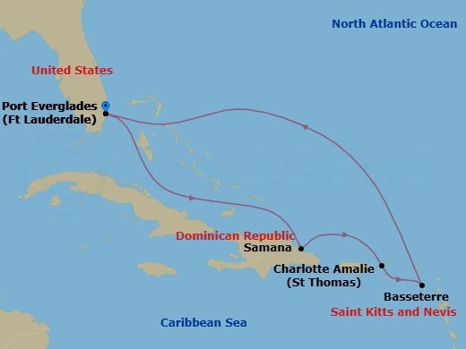 Route map: Fort Lauderdale, Florida → Samana, Dominican Republic → Charlotte Amalie, St. Thomas → Basseterre, St Kitts & Nevis → Fort Lauderdale, Florida