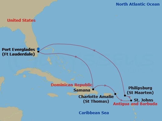 Route map: Fort Lauderdale, Florida → Samana, Dominican Republic → Charlotte Amalie, St. Thomas → St. Johns, Antigua → Philipsburg, St. Maarten → Fort Lauderdale, Florida