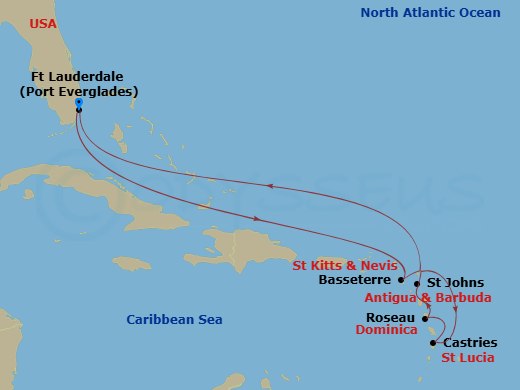 Route map: Fort Lauderdale, Florida → Basseterre, St Kitts & Nevis → Castries, St. Lucia → Roseau, Dominica → St. Johns, Antigua → Fort Lauderdale, Florida