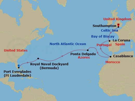 Route map: Ft. Lauderdale, Florida → Bermuda (West End) → Azores Islands (Ponta Delgada), Portugal → Casablanca, Morocco (for Marrakech) → La Coruna, Spain (for Santiago de Compostela) → Southampton (for London), England