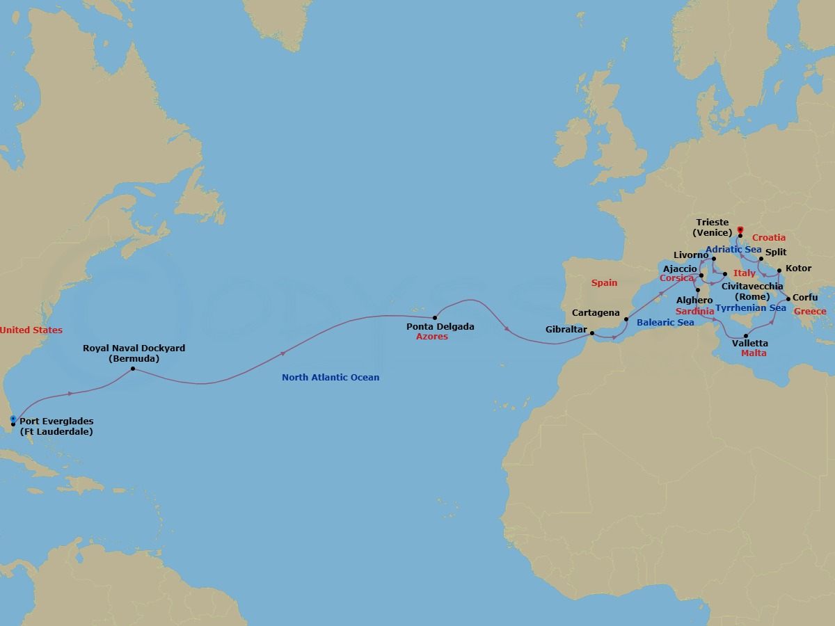 Route map: Ft. Lauderdale, Florida → Bermuda (West End) → Azores Islands (Ponta Delgada), Portugal → Gibraltar → Cartagena, Spain → Corsica (Ajaccio), France → Civitavecchia (for Rome), Italy → Livorno (for Florence/Pisa), Italy → Corsica (Ajaccio), France → Sardinia (Alghero), Italy