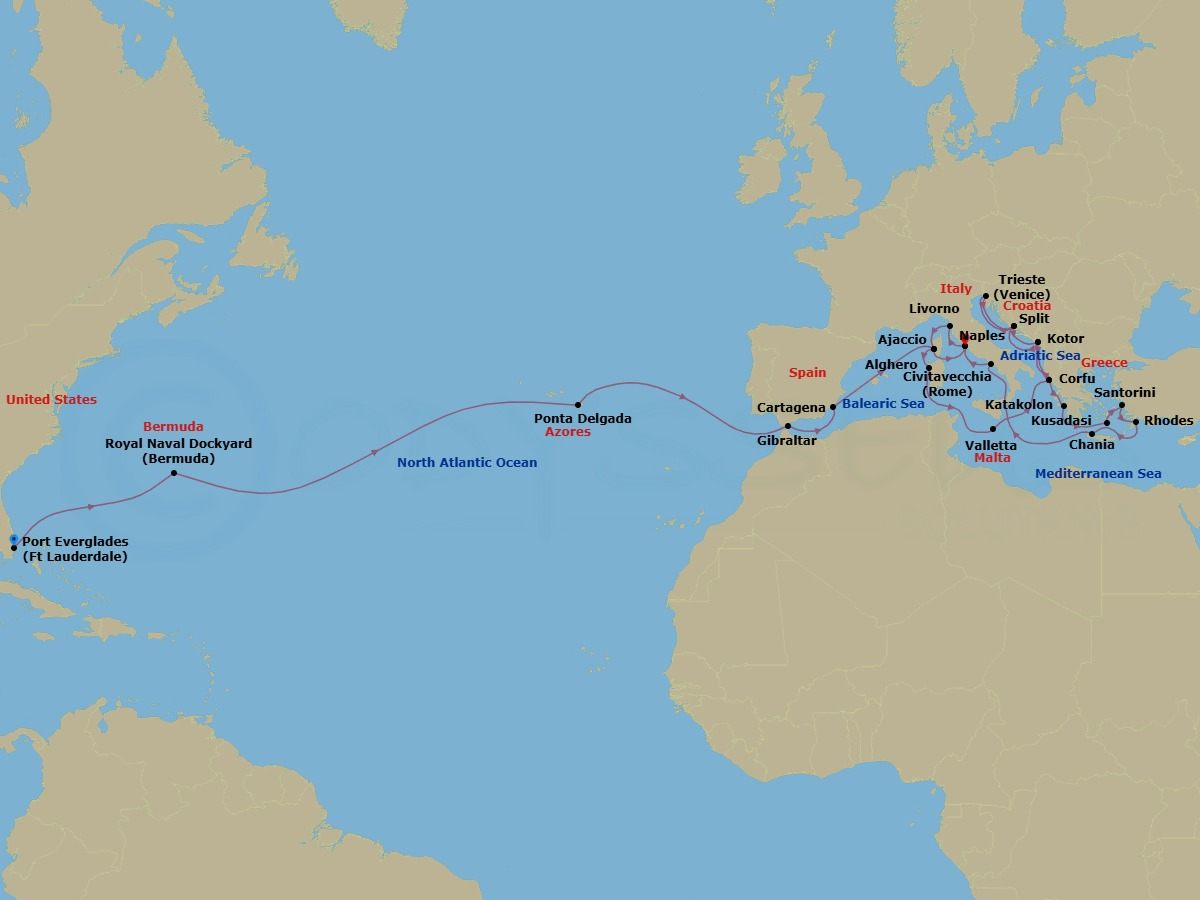 Route map: Ft. Lauderdale, Florida → Bermuda (West End) → Azores Islands (Ponta Delgada), Portugal → Gibraltar → Cartagena, Spain → Corsica (Ajaccio), France → Civitavecchia (for Rome), Italy → Livorno (for Florence/Pisa), Italy → Corsica (Ajaccio), France → Sardinia (Alghero), Italy