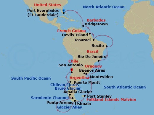 Route map: Fort Lauderdale, Florida, US → Bridgetown, Barbados → Devils Island, French Guiana → Crossing the Equator → Icoaraci (Belem), Brazil → Recife, Brazil → Rio de Janeiro, Brazil → Montevideo, Uruguay → Buenos Aires, Argentina → Stanley/Falkland Is/Islas Malvinas