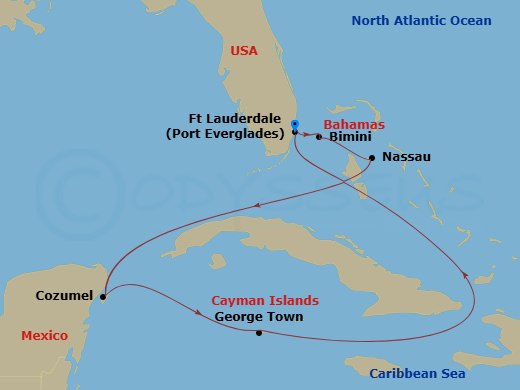 Route map: Fort Lauderdale, Florida → Bimini, Bahamas → Nassau, Bahamas → Cozumel, Mexico → George Town, Grand Cayman → Fort Lauderdale, Florida