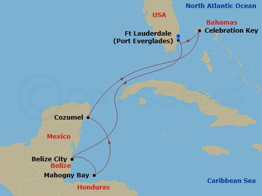 Route map: Ft. Lauderdale, Florida → Belize City, Belize → Roatan (Isla Tropicale), Honduras → Cozumel, Mexico → Celebration Key, Bahamas → Ft. Lauderdale, Florida