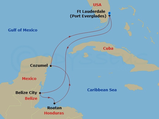 Route map: Ft. Lauderdale, Florida → Belize City, Belize → Roatan (Isla Tropicale), Honduras → Cozumel, Mexico → Ft. Lauderdale, Florida