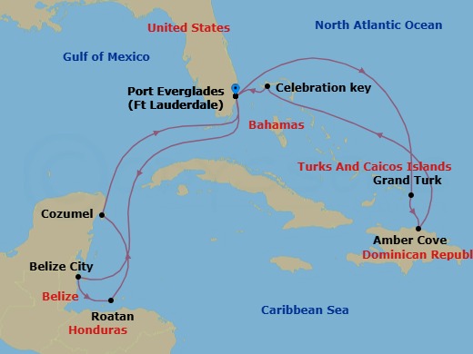 Route map: Ft. Lauderdale, Florida → Belize City, Belize → Roatan (Isla Tropicale), Honduras → Cozumel, Mexico → Ft. Lauderdale, Florida → Grand Turk, Turks & Caicos → Amber Cove, Dominican Republic → Celebration Key, Bahamas → Ft. Lauderdale, Florida