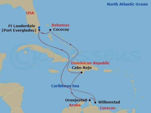 Route map: Fort Lauderdale, Florida → Perfect Day Cococay, Bahamas → Cabo Rojo,Dominican Republic → Oranjestad, Aruba → Willemstad, Curacao → Fort Lauderdale, Florida