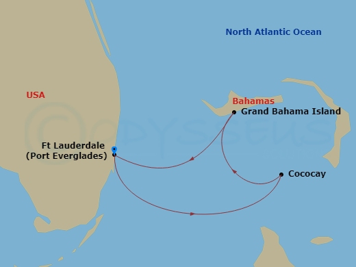 Route map: Fort Lauderdale, Florida → Perfect Day Cococay, Bahamas → Grand Bahama Isl, Bahamas → Fort Lauderdale, Florida