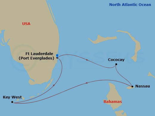 Route map: Fort Lauderdale, Florida → Perfect Day Cococay, Bahamas → Nassau, Bahamas → Key West, Florida → Fort Lauderdale, Florida