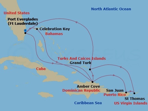Route map: Ft. Lauderdale, Florida → Celebration Key, Bahamas → Amber Cove, Dominican Republic → Grand Turk, Turks & Caicos → Ft. Lauderdale, Florida → Amber Cove, Dominican Republic → San Juan, Puerto Rico → St. Thomas, Virgin Islands → Grand Turk, Turks & Caicos → Ft. Lauderdale, Florida