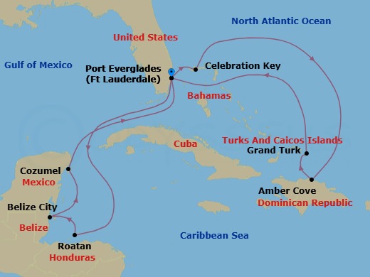 Route map: Ft. Lauderdale, Florida → Celebration Key, Bahamas → Amber Cove, Dominican Republic → Grand Turk, Turks & Caicos → Ft. Lauderdale, Florida → Roatan (Isla Tropicale), Honduras → Belize City, Belize → Cozumel, Mexico → Ft. Lauderdale, Florida