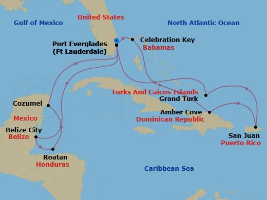 Route map: Ft. Lauderdale, Florida → Celebration Key, Bahamas → Amber Cove, Dominican Republic → San Juan, Puerto Rico → Grand Turk, Turks & Caicos → Ft. Lauderdale, Florida → Belize City, Belize → Roatan (Isla Tropicale), Honduras → Cozumel, Mexico → Celebration Key, Bahamas