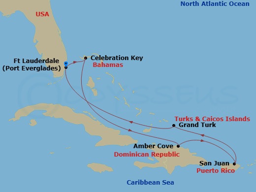 Route map: Ft. Lauderdale, Florida → Celebration Key, Bahamas → Amber Cove, Dominican Republic → San Juan, Puerto Rico → Grand Turk, Turks & Caicos → Ft. Lauderdale, Florida