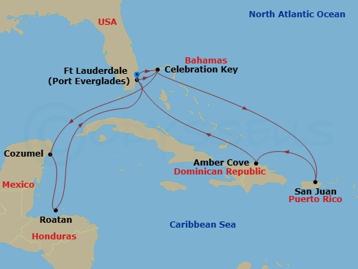 Route map: Ft. Lauderdale, Florida → Celebration Key, Bahamas → Cozumel, Mexico → Roatan (Isla Tropicale), Honduras → Ft. Lauderdale, Florida → Celebration Key, Bahamas → San Juan, Puerto Rico → Amber Cove, Dominican Republic → Ft. Lauderdale, Florida