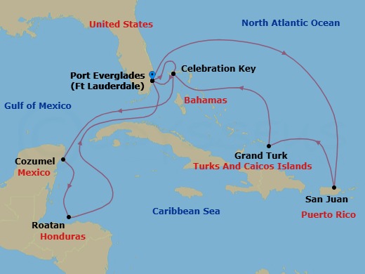 Route map: Ft. Lauderdale, Florida → Celebration Key, Bahamas → Cozumel, Mexico → Roatan (Isla Tropicale), Honduras → Ft. Lauderdale, Florida → San Juan, Puerto Rico → Grand Turk, Turks & Caicos → Celebration Key, Bahamas → Ft. Lauderdale, Florida