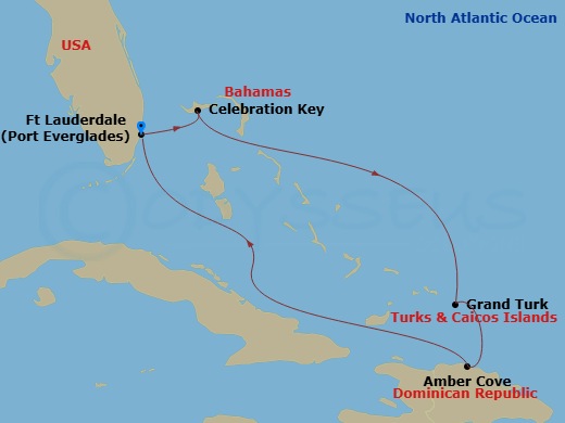 Route map: Ft. Lauderdale, Florida → Celebration Key, Bahamas → Grand Turk, Turks & Caicos → Amber Cove, Dominican Republic → Ft. Lauderdale, Florida