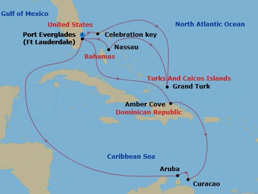 Route map: Ft. Lauderdale, Florida → Celebration Key, Bahamas → Grand Turk, Turks & Caicos → Nassau, Bahamas → Ft. Lauderdale, Florida → Amber Cove, Dominican Republic → Curacao → Aruba → Ft. Lauderdale, Florida