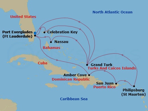 Route map: Ft. Lauderdale, Florida → Celebration Key, Bahamas → Grand Turk, Turks & Caicos → Nassau, Bahamas → Ft. Lauderdale, Florida → Amber Cove, Dominican Republic → San Juan, Puerto Rico → St. Maarten → Grand Turk, Turks & Caicos → Ft. Lauderdale, Florida