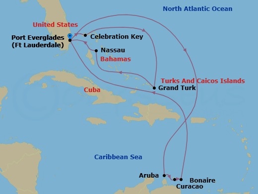 Route map: Ft. Lauderdale, Florida → Celebration Key, Bahamas → Grand Turk, Turks & Caicos → Nassau, Bahamas → Ft. Lauderdale, Florida → Aruba → Curacao → Bonaire, Caribbean Netherlands → Ft. Lauderdale, Florida