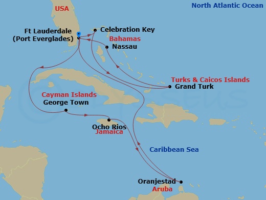 Route map: Ft. Lauderdale, Florida → Celebration Key, Bahamas → Grand Turk, Turks & Caicos → Nassau, Bahamas → Ft. Lauderdale, Florida → Grand Cayman, Cayman Islands → Ocho Rios, Jamaica → Aruba → Ft. Lauderdale, Florida
