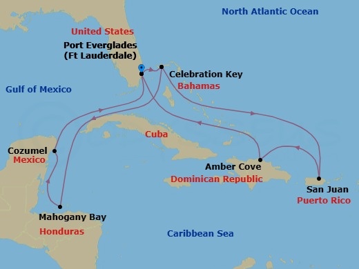 Route map: Ft. Lauderdale, Florida → Celebration Key, Bahamas → Roatan (Isla Tropicale), Honduras → Cozumel, Mexico → Ft. Lauderdale, Florida → Celebration Key, Bahamas → San Juan, Puerto Rico → Amber Cove, Dominican Republic → Ft. Lauderdale, Florida