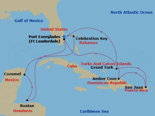 Route map: Ft. Lauderdale, Florida → Celebration Key, Bahamas → Roatan (Isla Tropicale), Honduras → Cozumel, Mexico → Ft. Lauderdale, Florida → Grand Turk, Turks & Caicos → San Juan, Puerto Rico → Amber Cove, Dominican Republic → Ft. Lauderdale, Florida