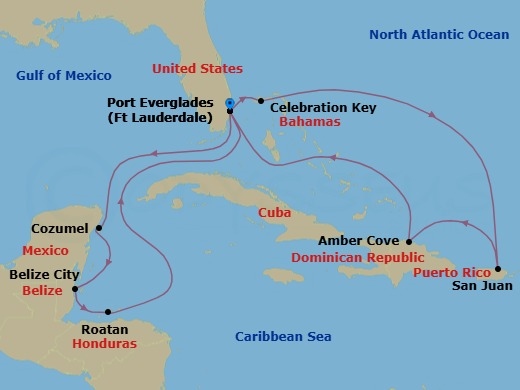 Route map: Ft. Lauderdale, Florida → Celebration Key, Bahamas → San Juan, Puerto Rico → Amber Cove, Dominican Republic → Ft. Lauderdale, Florida → Cozumel, Mexico → Belize City, Belize → Roatan (Isla Tropicale), Honduras → Ft. Lauderdale, Florida