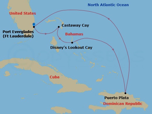 Route map: Port Everglades → Castaway Cay → Disney Lookout Cay → Puerto Plata → Port Everglades