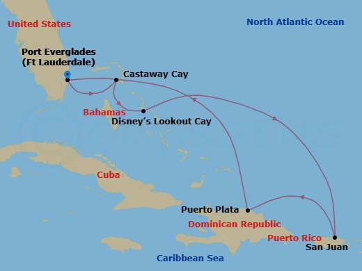 Route map: Port Everglades → Castaway Cay → Disney Lookout Cay → San Juan → Puerto Plata → Port Everglades
