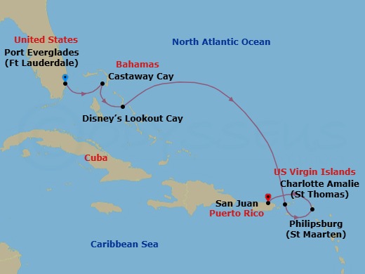 Route map: Port Everglades → Castaway Cay → Disney Lookout Cay → St. Thomas,U.S. Virgin Is → Philipsburg, St. Maarten → San Juan