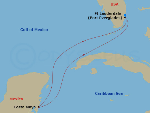 Route map: Fort Lauderdale, Florida → Puerto Costa Maya, Mexico → Fort Lauderdale, Florida