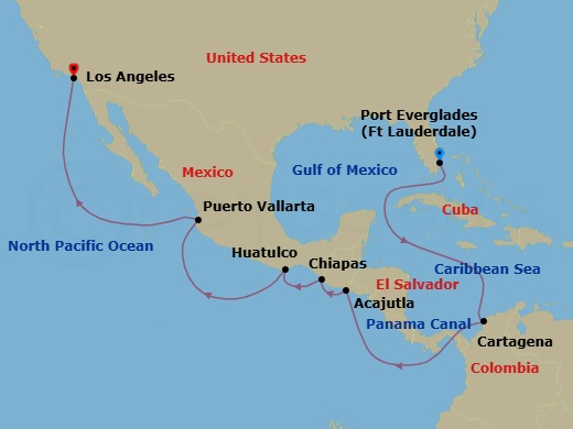 Route map: Ft. Lauderdale, Florida → Cartagena, Colombia → Panama Canal Full Transit Historic Locks → Acajutla, El Salvador → Puerto Chiapas, Mexico → Huatulco, Mexico → Puerto Vallarta, Mexico → Los Angeles, California