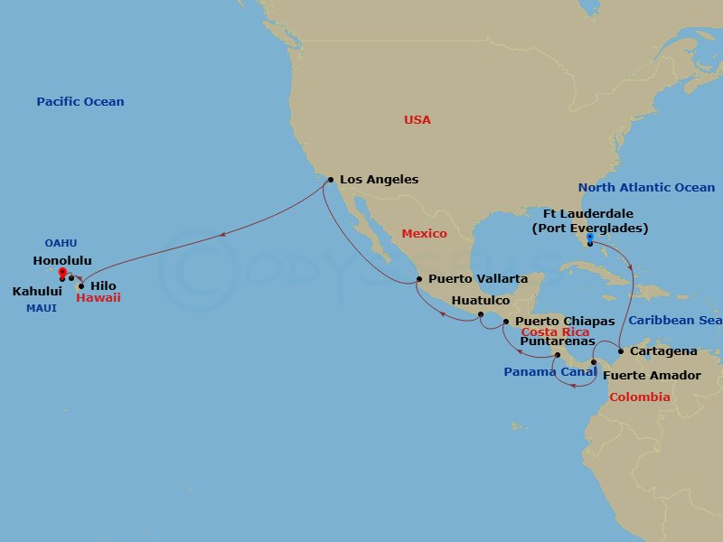 Route map: Ft. Lauderdale, Florida → Cartagena, Colombia → Panama Canal Full Transit Historic Locks → Fuerte Amador, Panama (for Panama City) → Puntarenas, Costa Rica → Puerto Chiapas, Mexico → Huatulco, Mexico → Puerto Vallarta, Mexico → Los Angeles, California → Hilo, Hawaii