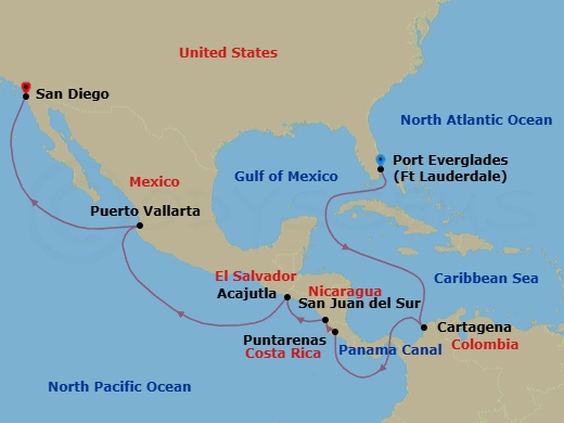 Route map: Fort Lauderdale → Cartagena → Panama Canal Transit → Puntarenas → San Juan del Sur → Acajutla → Puerto Vallarta → San Diego