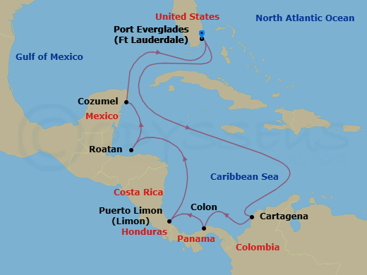Route map: Fort Lauderdale → Cartagena → Colon → Puerto Limon → Roatan Island → Cozumel Quintana Roo → Fort Lauderdale
