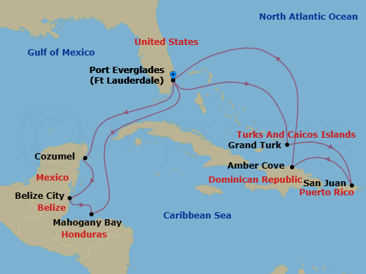 Route map: Ft. Lauderdale, Florida → Cozumel, Mexico → Belize City, Belize → Roatan (Isla Tropicale), Honduras → Ft. Lauderdale, Florida → Grand Turk, Turks & Caicos → San Juan, Puerto Rico → Amber Cove, Dominican Republic → Ft. Lauderdale, Florida