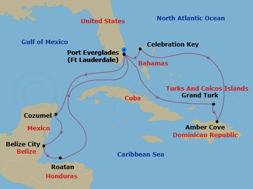 Route map: Ft. Lauderdale, Florida → Cozumel, Mexico → Belize City, Belize → Roatan (Isla Tropicale), Honduras → Ft. Lauderdale, Florida → Grand Turk, Turks & Caicos → Amber Cove, Dominican Republic → Celebration Key, Bahamas → Ft. Lauderdale, Florida