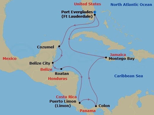 Route map: Ft Lauderdale Florida → Cozumel → Belize City → Roatan → Puerto Limon → Colon → Scenic Sailing Panama Canal → Montego Bay → Ft Lauderdale Florida